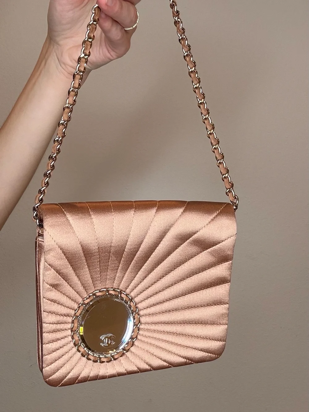 CHANEL Rose Gold Quilted Satin Chain Shoulder Bag